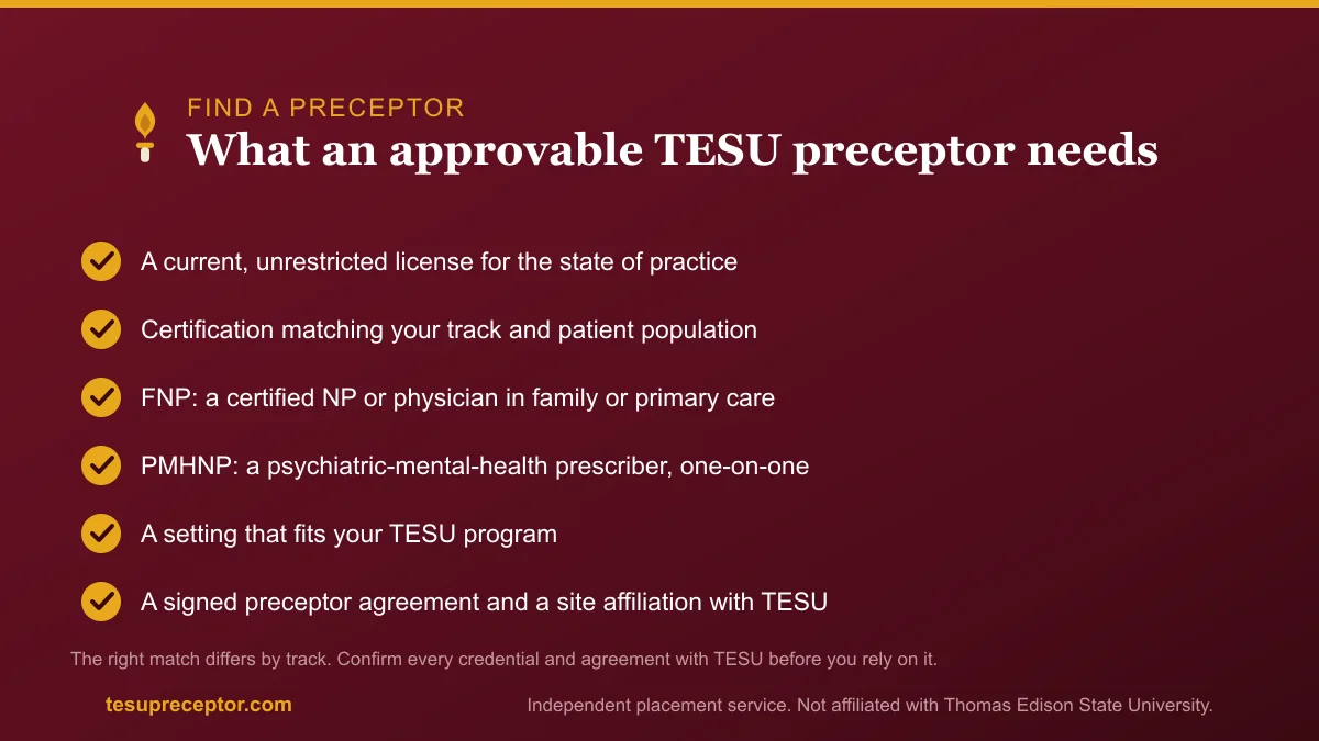 Checklist of what an approvable TESU preceptor needs: a current unrestricted license, certification matching your track, a fitting setting, and the preceptor and site agreements